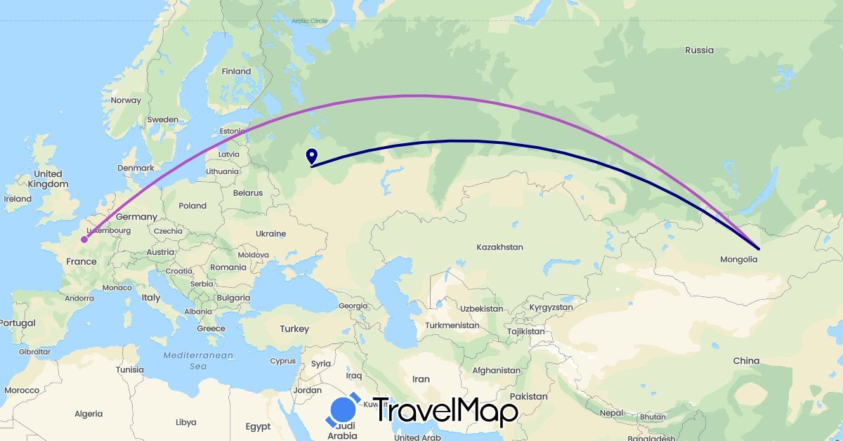 TravelMap itinerary: driving, train in France, Mongolia, Russia (Asia, Europe)